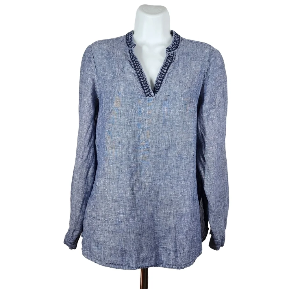 ARTISAN NY 100% LINEN V-NECK ROLL TAB SLEEVE TOP